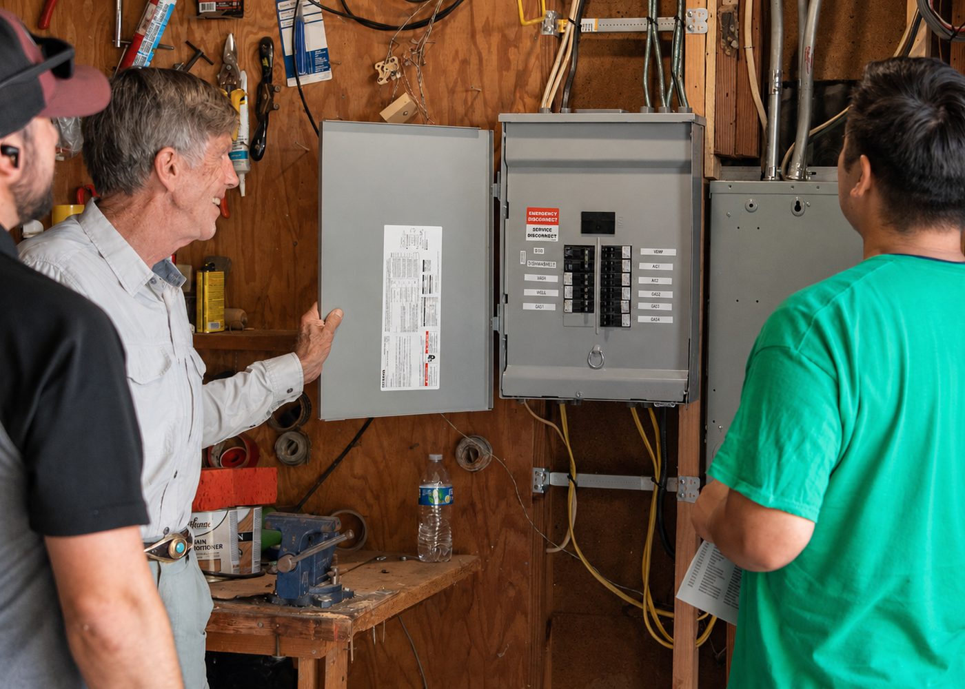 Licensed electricians reviewing an open residential electrical panel with a customer